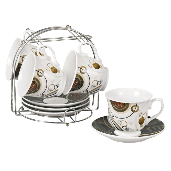 Set of 4 Porcelain Tea Cup and Saucers Set with Metal Stand - 8oz, White