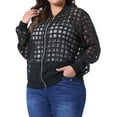 thumbnail image 4 of Plus Size Bomber Jacket for Women Hollow Out Long Sleeve Baseball Collar Zip Up Outerwear 4X Black, 4 of 6
