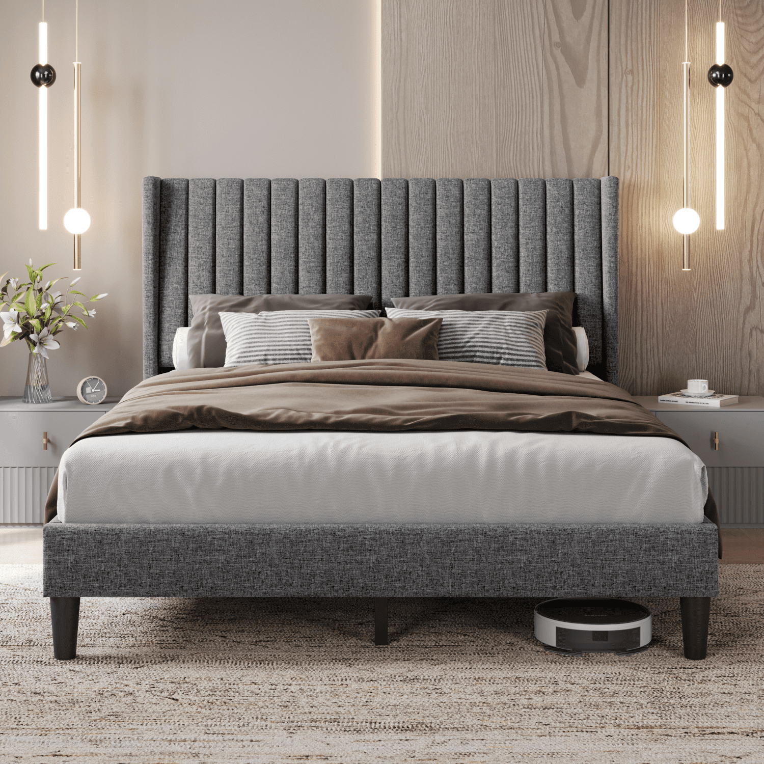 Renwick Fabric Upholstered Bed Frame with Channel Tufted Headboard, Light Gray