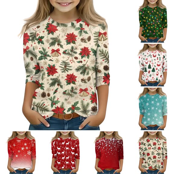 OIOLOYJM Christmas 3/4 Sleeve Tops for Girls Casual Cute Christmas Print Crewneck Slim Fit Tees Stylish Comfortable Outdoor Workout Outfits
