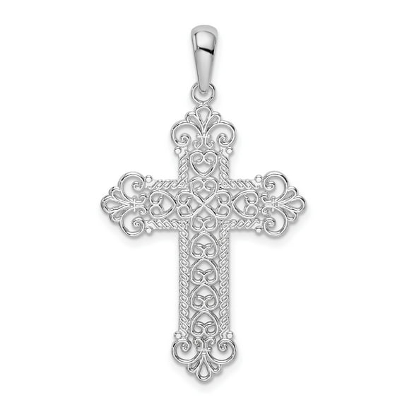 Sterling Silver Cross Pendant Necklace with Filigree Lace Detail Rope Edge Fleur de Lis for Men and Women Vintage Religious Polished Faith Jewelry Spiritual Accessory