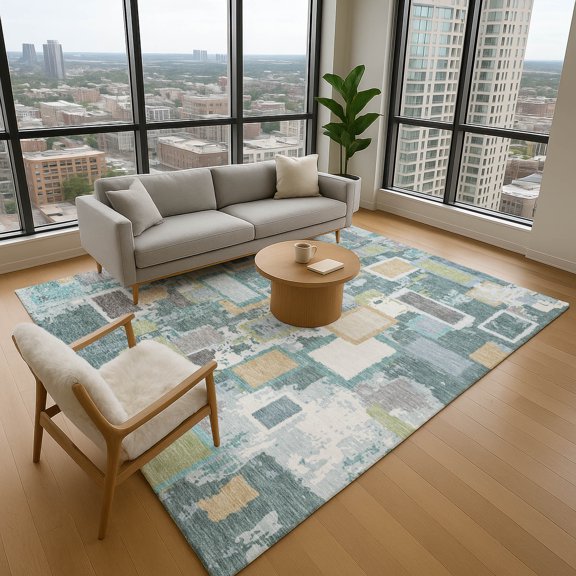Addison Rugs Mayfield Premium Machine Washable Transitional Geometric Teal Rectangle Rug, 10' x 14'