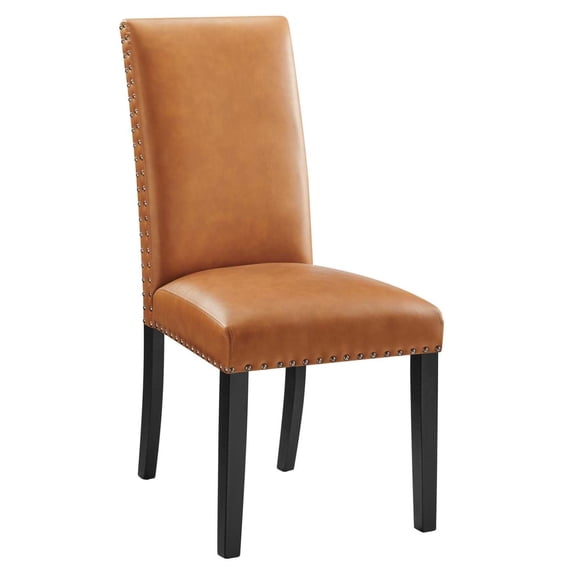 Maklaine Contemporary Wood and Faux Leather Dining Side Chair in Tan