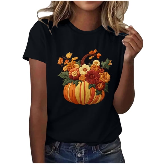 Junur Halloween Shirts for Women Novelty Pumpkin Graphic Print Thanksgiving Fall Tee Crew Neck Tops S-XXL