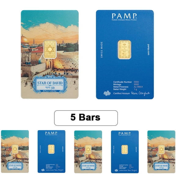 Lot of 5 - 1 Gram PAMP Suisse Star of David Gold Bar .9999 Fine (in Assay)