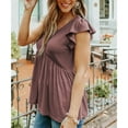 thumbnail image 3 of Women Casual Top Ruffle Short Sleeves V Neck Splicing Loose Hem Ribbed Lady Blouse for Spring Summer Brick Red S, 3 of 6