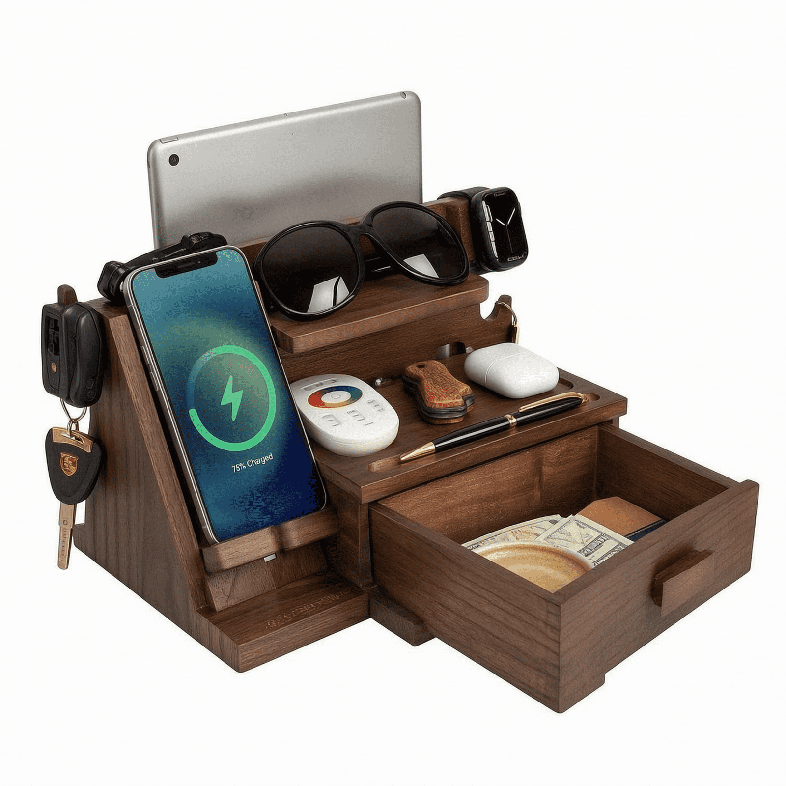 Wood Phone Docking Station with Drawer, Desk or Nightstand Organizer - Wood Charging Station Organizer Stand, Holds Phone, Tablet, Keys, Glasses & Accessories, Gifts for Husband Dad Boyfriend