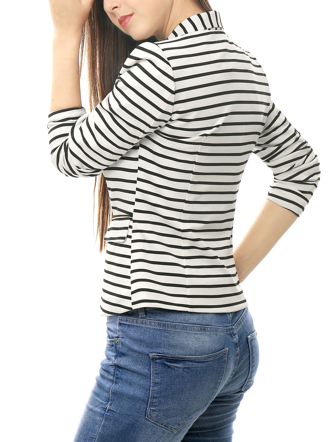 DARING DIVA Women's Striped Notched Lapel Button Closure Blazer XS White