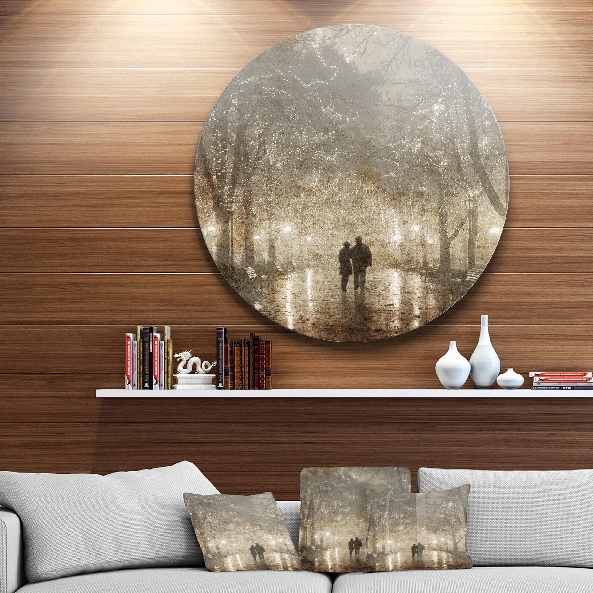 Designart Couple Walking in Night Lights' Landscape Photography Circle Circle Metal Wall Art