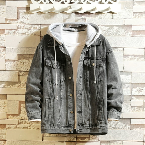 Donemore Men's Autumn Winter Hooded Long Sleeve Denim Jacket with Solid Color Buttoned Pockets, Casual Trendy Versatile Warm Coat, Classic Workwear Style Men's Outerwear