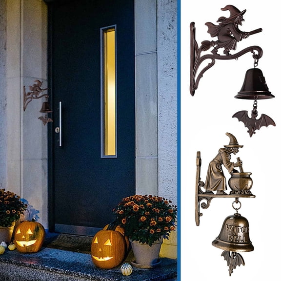 FEOLGEHLY Halloween Witch Bells, Vintage Iron Halloween Doorbell, Halloween Decorations for Home, Gothic Protection Charm with Witch Embossed, Hanging Porch Decor for Garden Home (A)