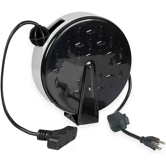 Iron Forge Cable 30Ft Retractable Extension Cord Reel with Breaker Switch & 3 Electrical Power Outlets - 16/3 SJTW Durable Black Cable - Perfect for Hanging from Your Garage Ceiling