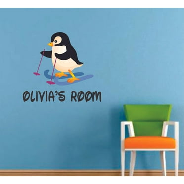 Penguin Ski Penguins Animal Cartoon Customized Wall Decal - Custom Vinyl Wall Art - Personalized Name - Baby Girls Boys Kids Bedroom Wall Decal Room Decor Wall Stickers Decoration Size (10x10 inch)