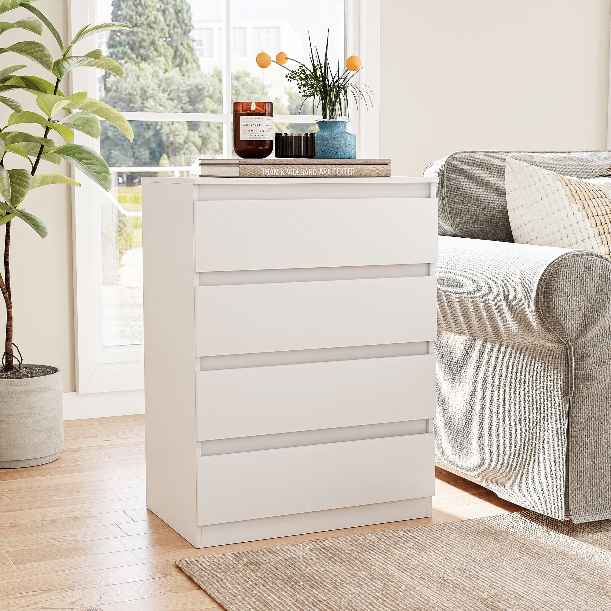 GVN Bedroom Dresser, Chest of Drawers, Modern Simple 4-Drawer Dresser for Bedroom, Living Room, White