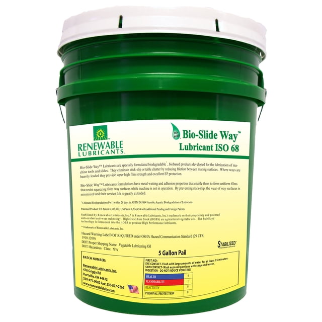 Renewable Lubricants Bio-Slide Way ISO 68 Oil, 5 Gallon Pail