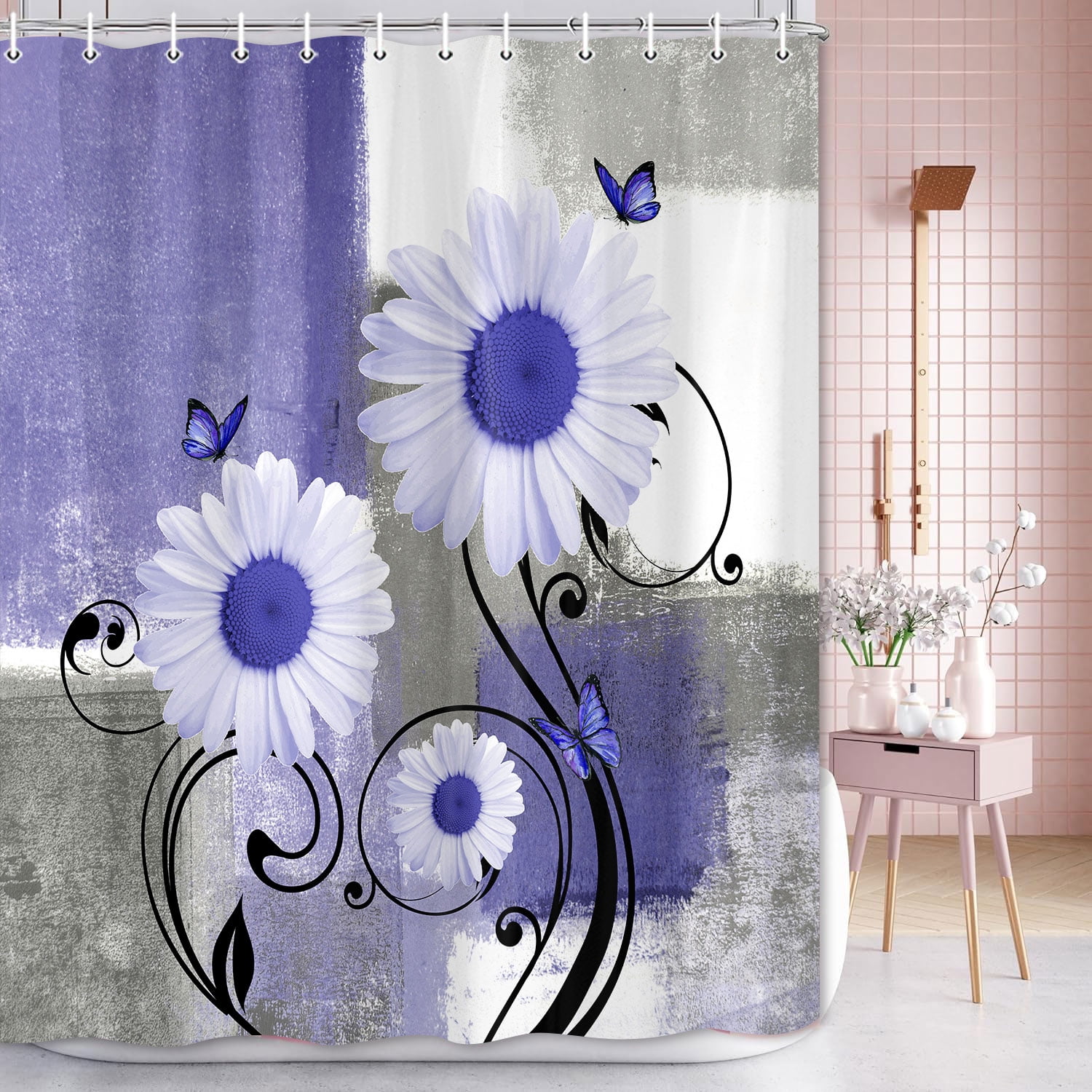 Purple Floral Shower Curtains for Bathroom,Aesthetic Brush Oil Painting Fabric Decor Bath Curtain,Daisy on Purple Gray White Abstract Modern Bakcground Fabric Shower Curtains,69X84in