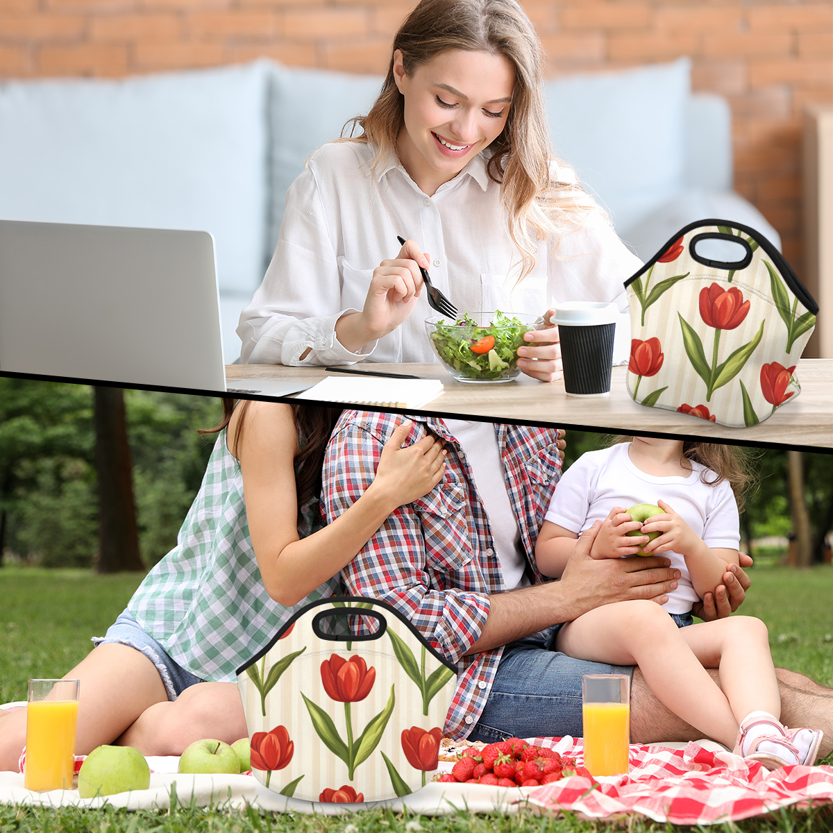 Herdesigns Tulip Insulated Lunch Bag Neoprene Lunch Box for Women Men Soft Cooler Bag Floral Washable Lunch Tote for Work Outdoor Picnic