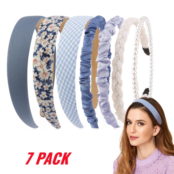 7 Pcs Headbands for Women Fashion Blue Solid Head Bands Pearl Headband Non Slip Hair Band for Womens Thin Thick Short Hair