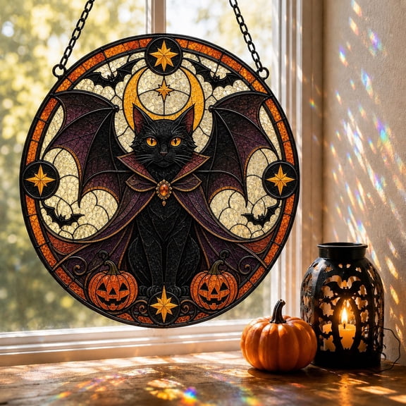 Glass Window Hanging Halloween Bat Wing Black Cat Glass Sun Catcher Window Decor for Gothic Halloween Homes