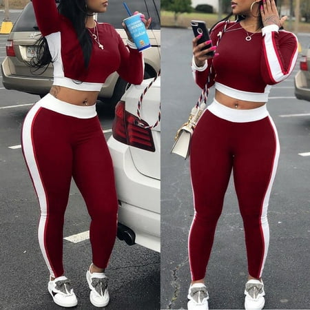 2Pcs Women Lady Tracksuit Hoodies Sweatshirt Pants Sets Sport Wear Casual Suit Wine Red Size