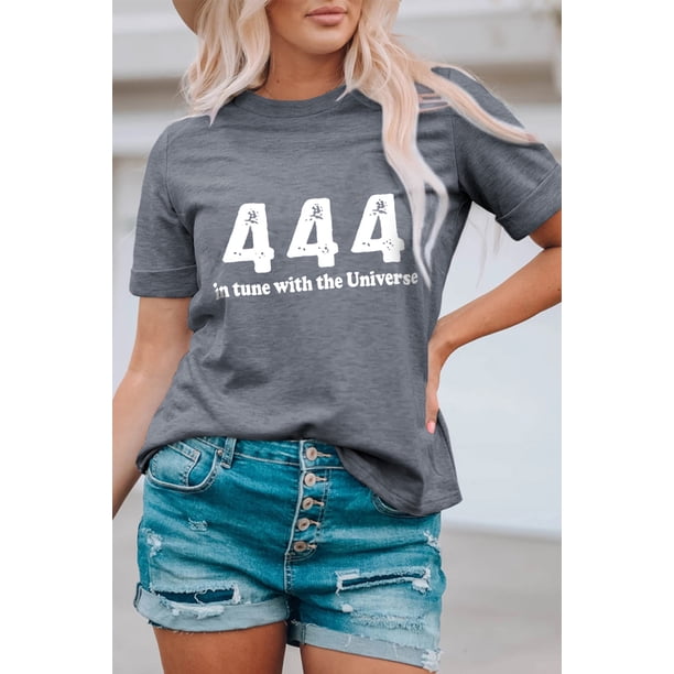 ABPHQTO Camiseta gris con estampado de letras 444 In Tune With The Universe para mujer