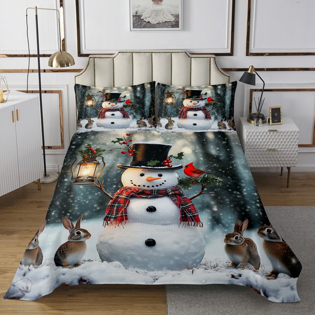Xmas Snowman Bedspread Set Cute Rabbit Coverlet Set,Merry Christmas Quilt Set King,Xmas Snowflake Quilted Cartoon Christmas Decorations