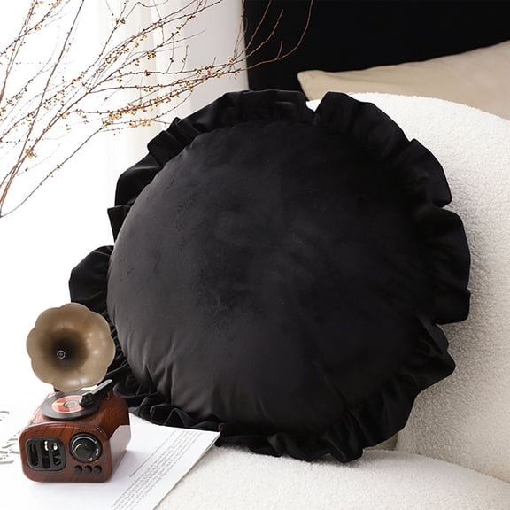 SOGA 45cm Round Vintage Butterfly Throw Pillow – Black Lotus Leaf Edge Decorative Cushion for Couch, Bed, Sofa, and Home Decor