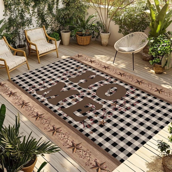 Farmhouse Outdoor Rug for Patio/Deck/Porch, Non-Slip Large Area Rug 3 x 5 Ft, Vintage Country Texas Star Plaid Wooden Grain Indoor Outdoor Rugs Washable Area Rugs, Camping Rug Carpet Runner