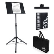 AODSK Folding Music Stand, 5-in-1 Dual-Use Portable Sheet Music Stand & Desktop Book Holder, Adjustable Height, with Carrying Bag & Music Clip, Black