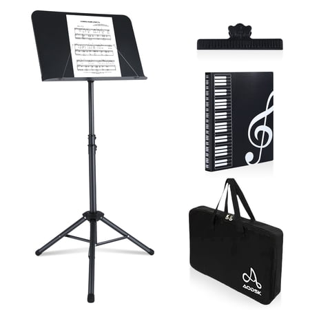AODSK Folding Music Stand, 5-in-1 Dual-Use Portable Sheet Music Stand & Desktop Book Holder, Adjustable Height, with Carrying Bag & Music Clip, Black