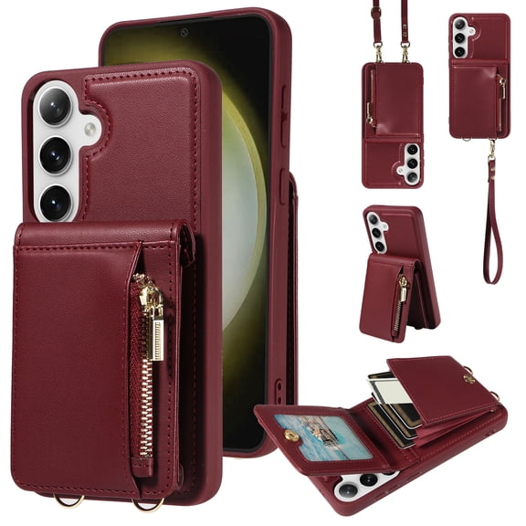 For Samsung Galaxy S25 Crossbody Wallet Phone Case with Hand Strap & Shoulder Strap,Premium PU Leather RFID Blocking Card Slots Zipper Pocket Back Purse Kickstand Phone Case,Winered