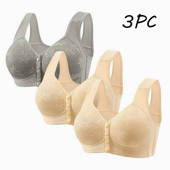 Fatuov Wirefree Bras for Women Front Closure Comfort Bras Underwear Plus Size Sexy Full Coverage Bras 46A, Beige, 3-Pack