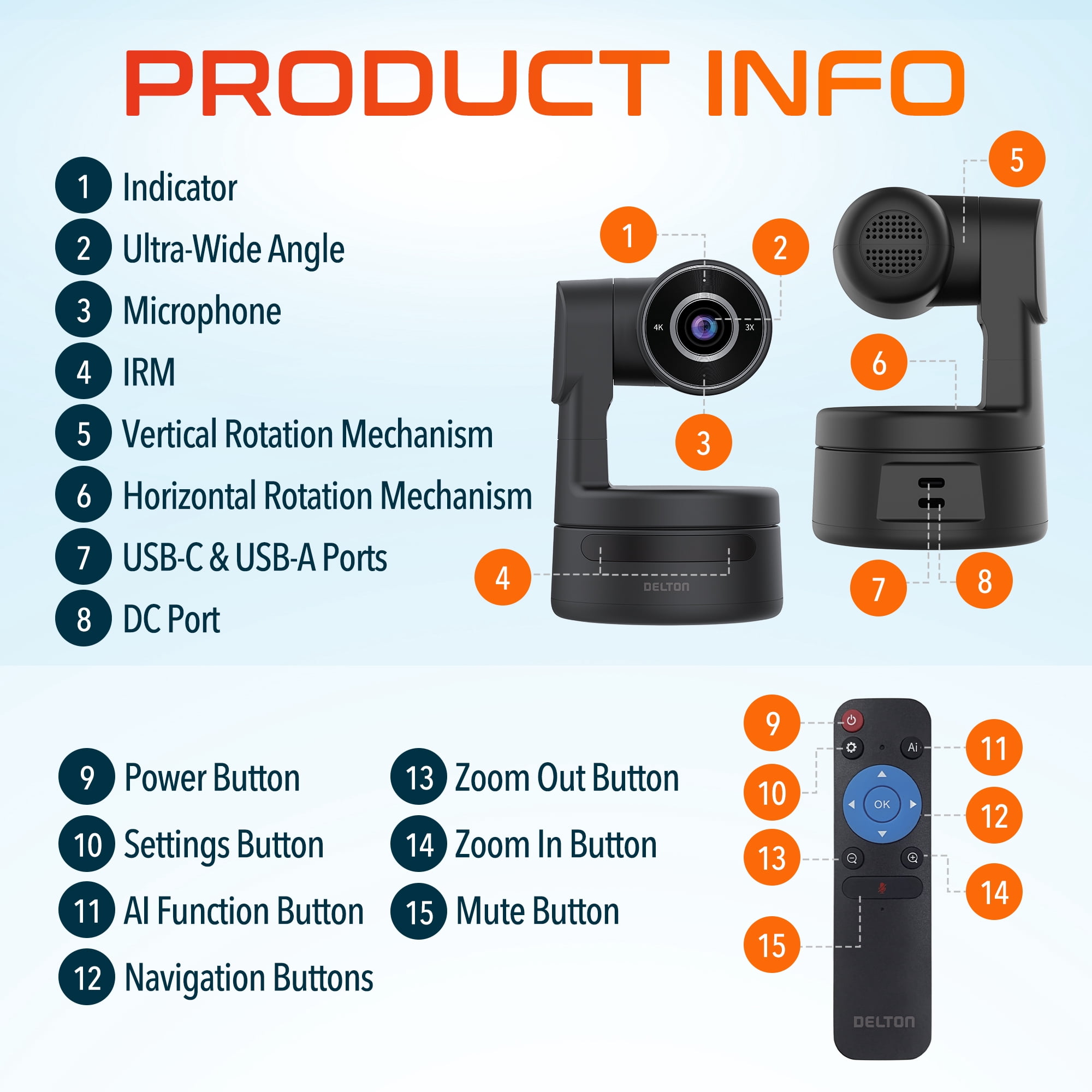 Delton C68 PTZ 4K Wired Webcam, Noise Reduction for Computer Camera With AI Tracking, Streaming Camera Compatible With Laptop/Desktop/PC/MacBook, Black