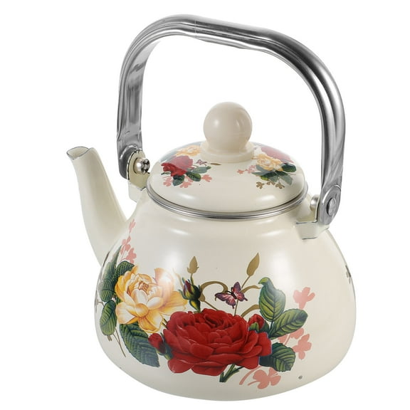LEORX Vintage Enamel Teapot for Stovetop Use with Decorative Pattern and Easy Pour Spout