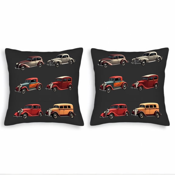 Set of 2 Vintage Car Throw Pillow Covers 18x18in - Classic Style Cushion Cases for Couch Bed Car - Retro Rounded Design with Vibrant Colors