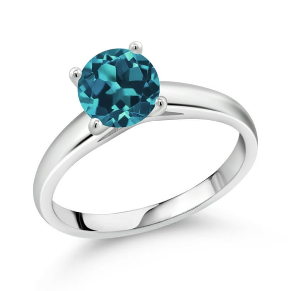 Gem Stone King 1.70 Ct 7mm Round London Blue Topaz 10K White Gold Ring (Size 8)