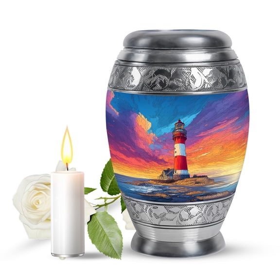 JAGASY Lighthouse Small Memorial Urn for Boy - Ocean Sunset Pink Yellow Clouds Decorative Urns for Girl - Blue Urns for Human Ashes Keepsake - Miniature Urn for Friend - (3 Inch)