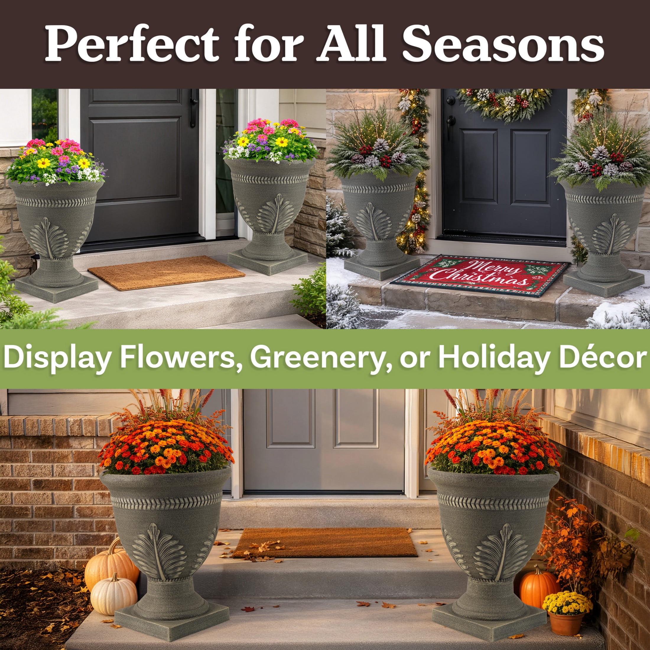 Pure Garden Outdoor Planter 2-Pack - 15.25x18.8in Large Plastic Urn Planters with Drainage, Gray