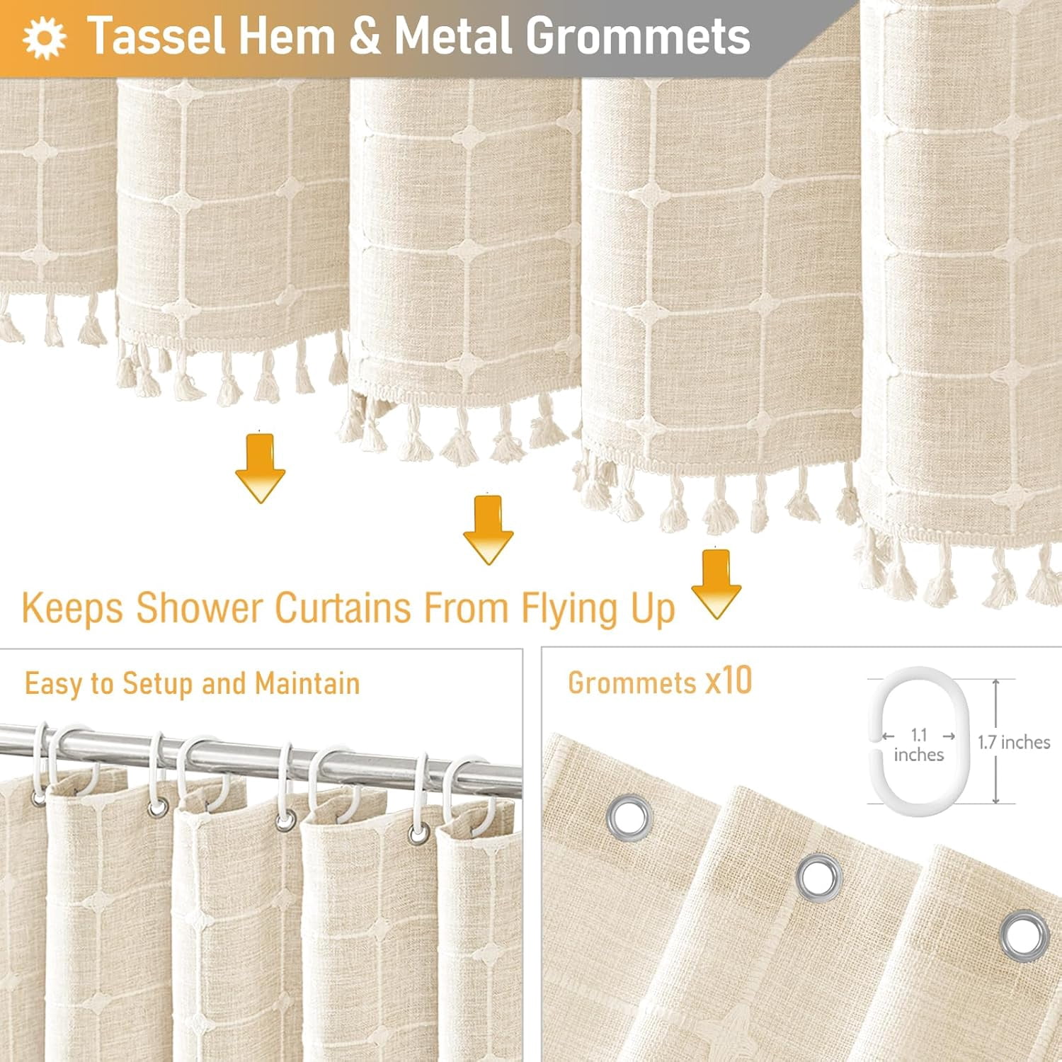 Boho Farmhouse Shower Curtain Set with Tassel - Linen Rustic Heavy Duty Fabric, Water Repellent, Modern Bohemian French Country Thick Bathroom Shower Curtains - Cream/Beige, 72x72