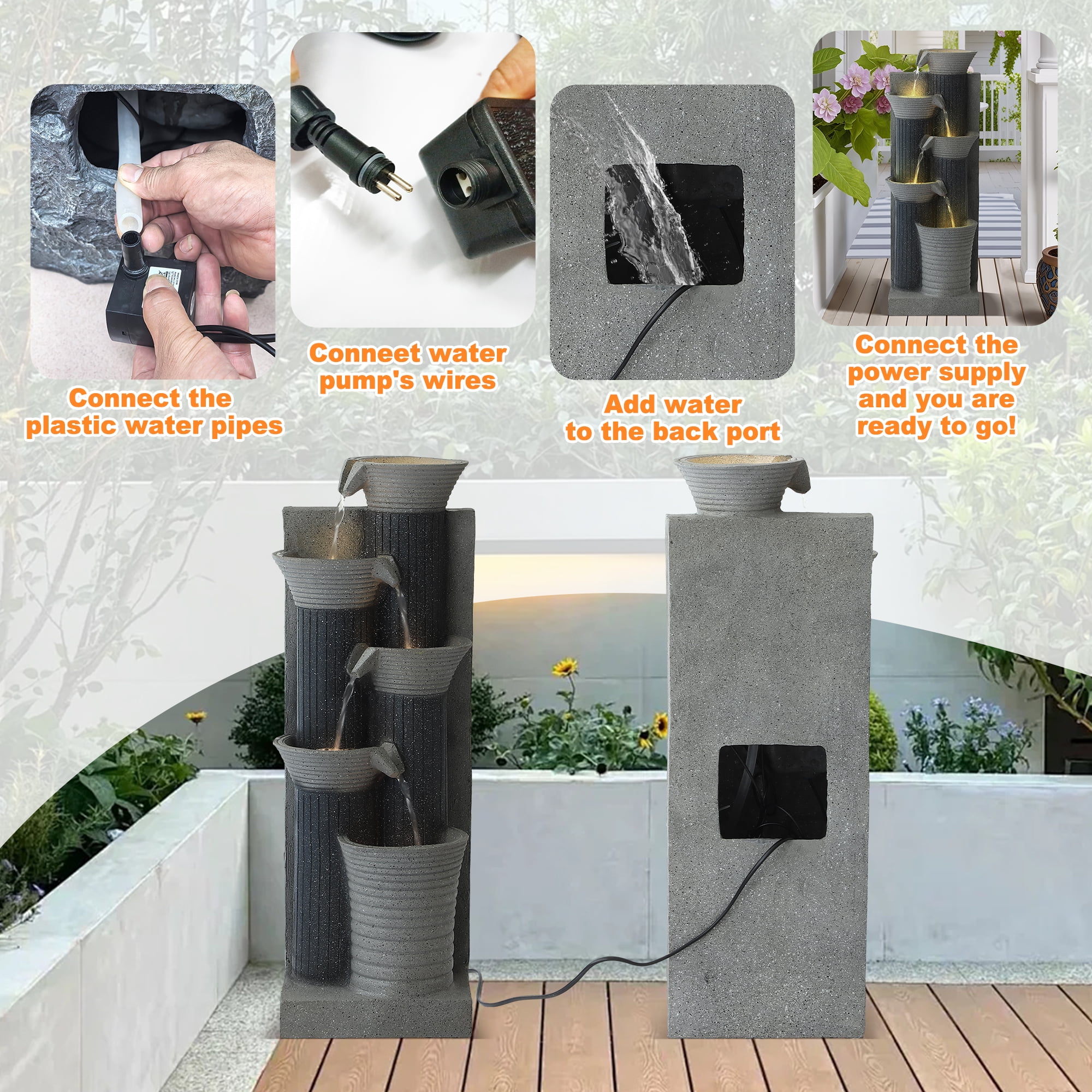 Magic Union Outdoor Water Fountain, 5 Tiers Cascading Waterfall Indoor Water Feature Garden Decor with LED Lights, Fountains Outside Patio Resin for Yard, Deck, Porch and Home, Bamboo Elements