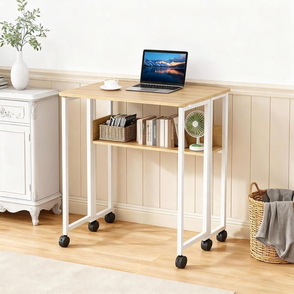 Folding Computer Desk with Wheels, 31.5 Inch Mobile Work Desk with Storage Shelf, Foldable Rolling Table for Home Office, Bedroom, Study, Small Spaces