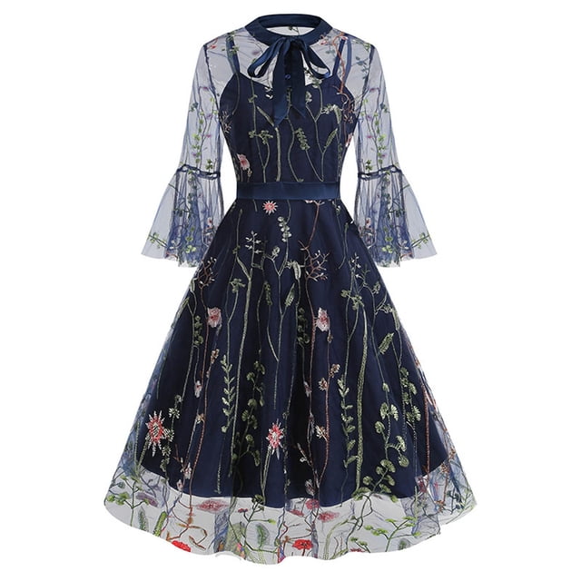 Womens Dresses Halloween Retro Mid Sleeve Dark Gothic Embroidered Stitching Two Piece Set Spring Dress Blue S