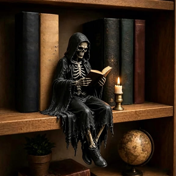 geerera Gothic Reading Figurine, Black Resin Sitting Statue with Book, Shelf Sitter Sculpture for Bookshelf Tabletop, for Home Living Room Office Decor Supplies