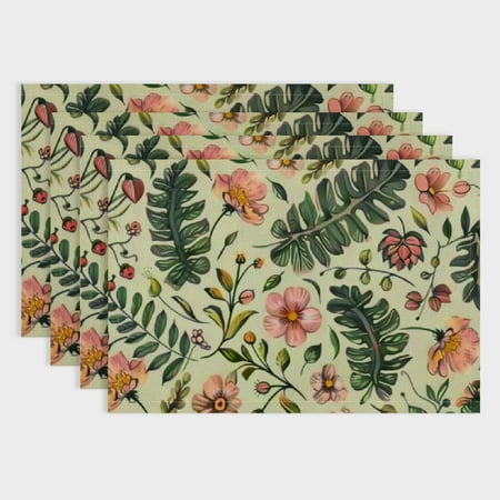 

Pratyus Flowers Leaves Floral Pattern Linen Placemat Set of 4 for Dining Tables Kitchen Restaurants - Washable Insulated Heat-Resistant 18x12in