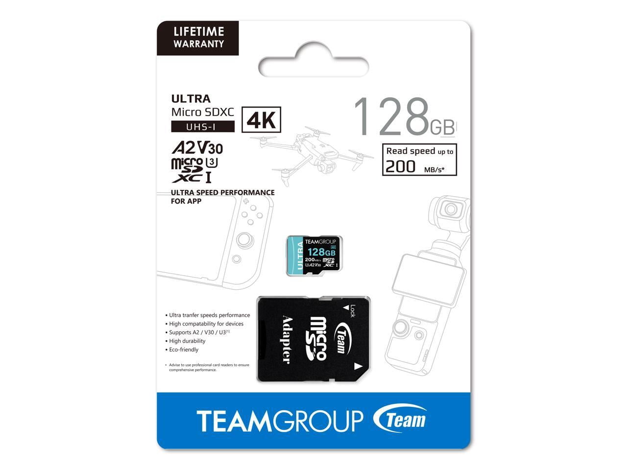 Team 128GB Ultra-Fast microSDXC UHS-I/U3 Memory Card with Adapter, compatible with Nintendo-Switch, Steam Deck, and ROG Ally, Speed Up to 200MB/s (TULMSDX128GIA2V3022503)