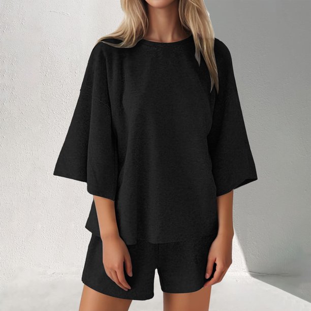 MKLEKYY conjunto de 2 Piezas de Faja Corta para Mujer, Top de Manga 3/4 y Pantalones Cortos con Cintura Elástica, Ropa de Estar Por Casa