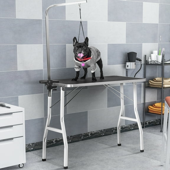 SEGMART Dog Table on Clearance, 36'' x 24'' Professional Heavy Duty Stainless Steel Frame Foldable Table w/Adjustable with Arm/Noose, Capacity Up to 220lbs, Black, S8047