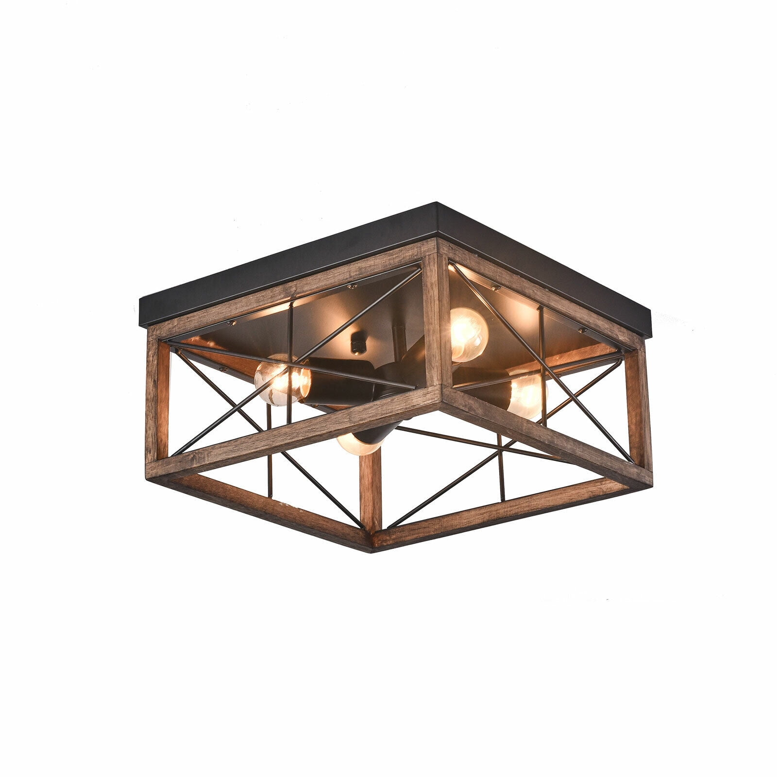 Miumaeov Industrial Chandelier 4-Light Flush Mount Wooden Pendant Lamp Fixture Close to Ceiling Light for Kitchen Living Room Bedroom Hallway