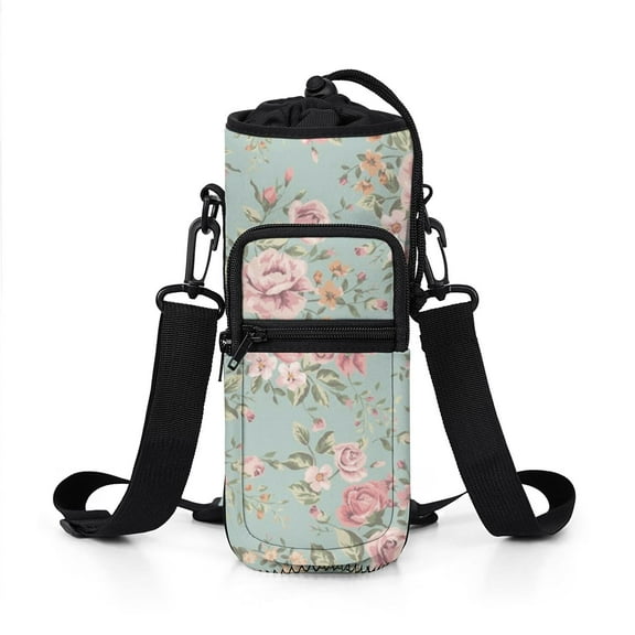 Water Bottle Carrier Holder Sling Bag Sleeve 25/32/40/64 Oz Floral Rose Insulated Sling Sleeve Case Cover with Strap Pockets for Men/Women Boys Girls