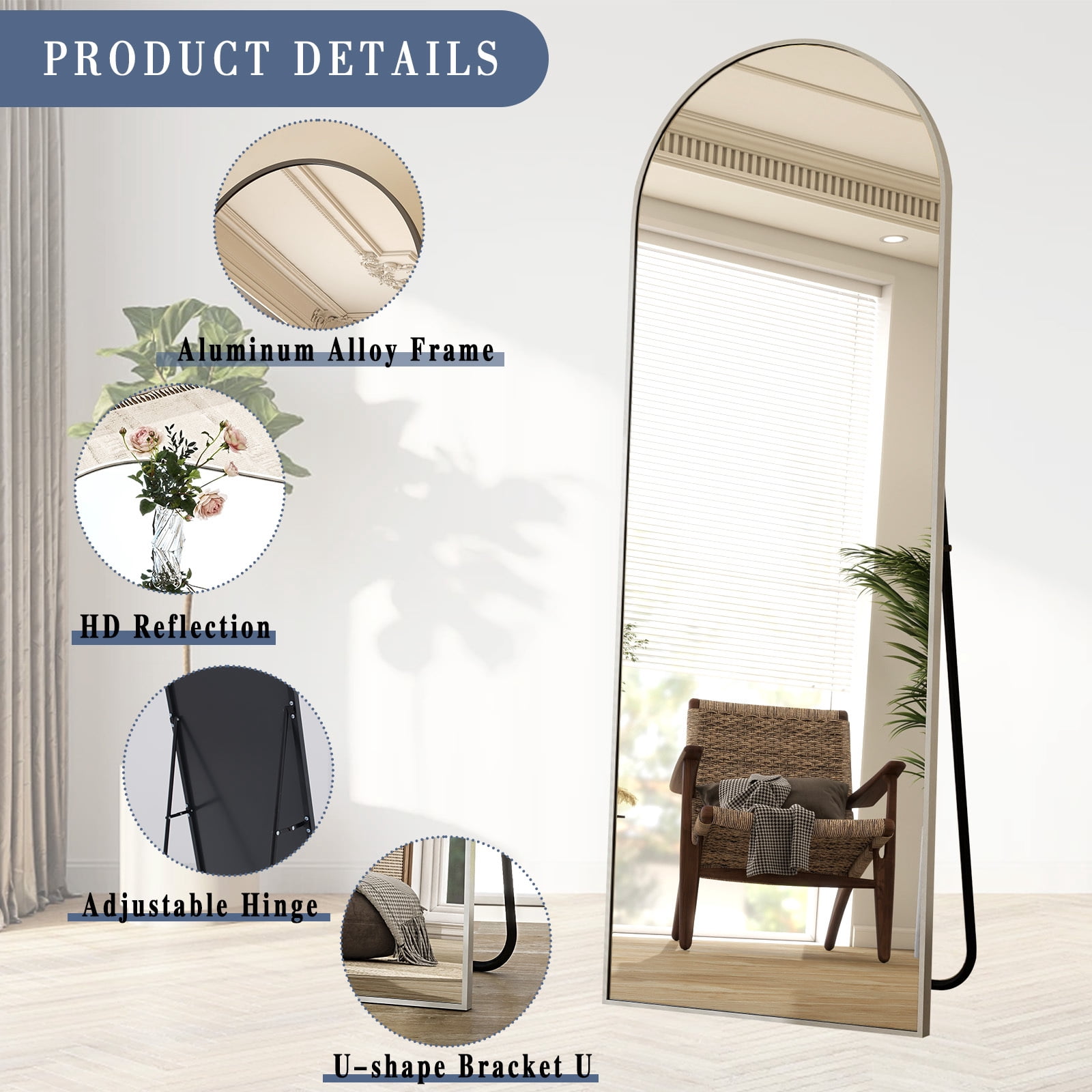 Anyrose 71.1"x26" Arched Floor Mirror with Stand Wall-Mounted, Silver